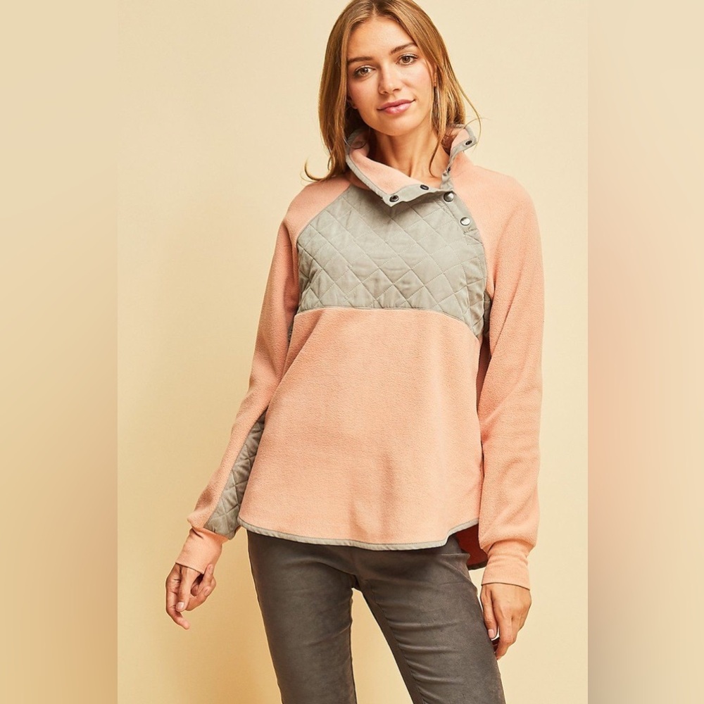 Pink Snap Fleece Pocketed Pullover